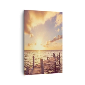 Bild auf Leinwand - Leinwandbild - Ein Holzsteg führt in Richtung Sonnenuntergang - 80x120cm - Das goldene Land der Sanftmut - Moderne Wanddekoration für Wohnzimmer und Schlafzimmer ARTTOR