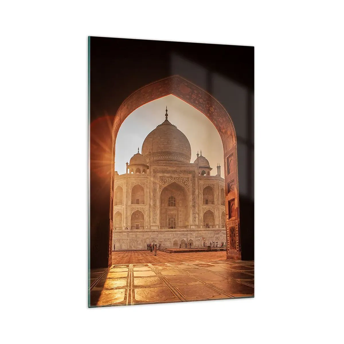 Glasbild - Bild auf glas - Taj Mahal im Sonnenlicht vom Torbogen aus gesehen - 70x100cm - Denkmal der überirdischen Liebe - Moderne Wanddekoration für Wohnzimmer und Schlafzimmer ARTTOR