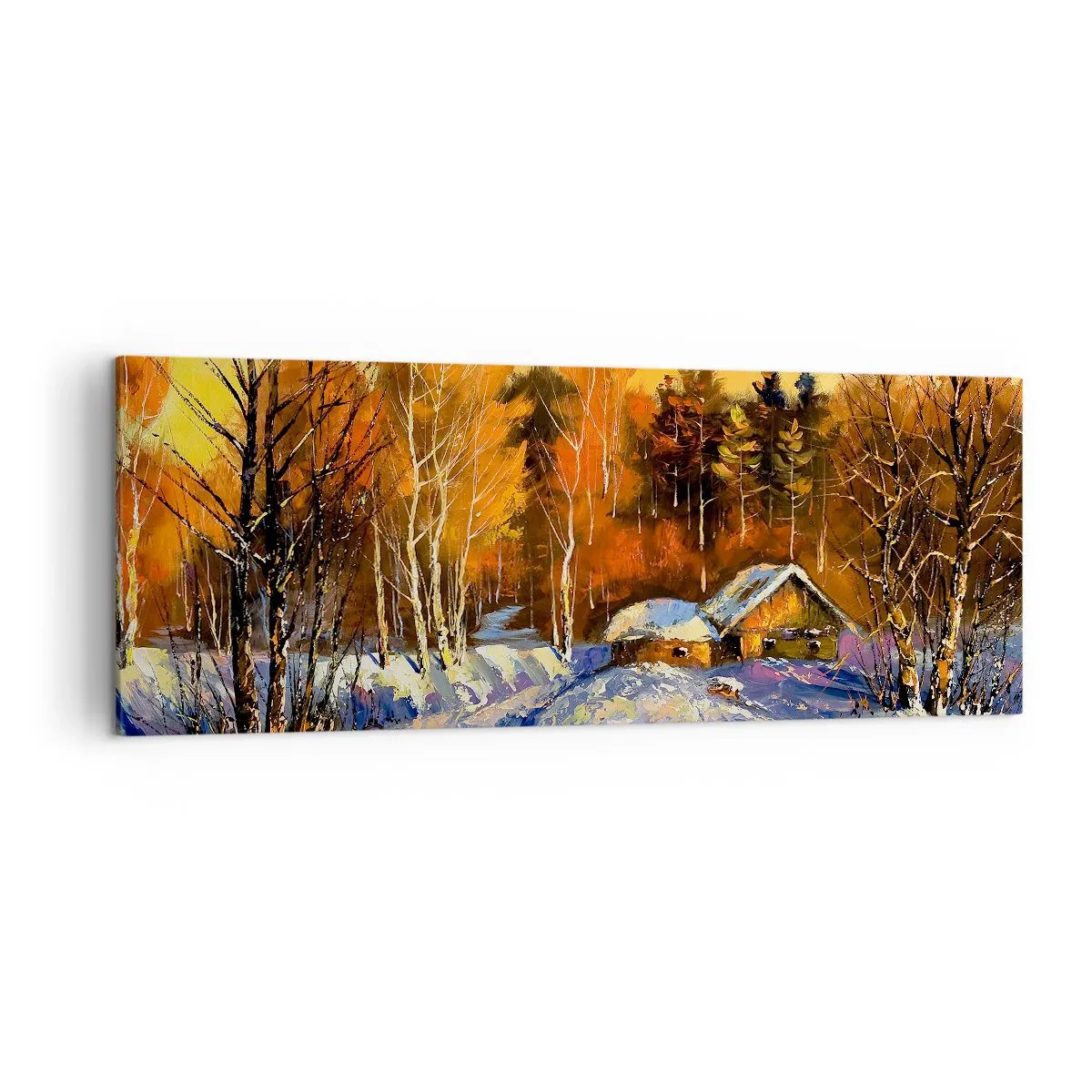 Bild auf Leinwand - Leinwandbild - Winterlandschaft mit einem Haus im Licht der untergehenden Sonne - 140x50cm - Wintereindruck in der Sonne - Moderne Wanddekoration für Wohnzimmer und Schlafzimmer ARTTOR