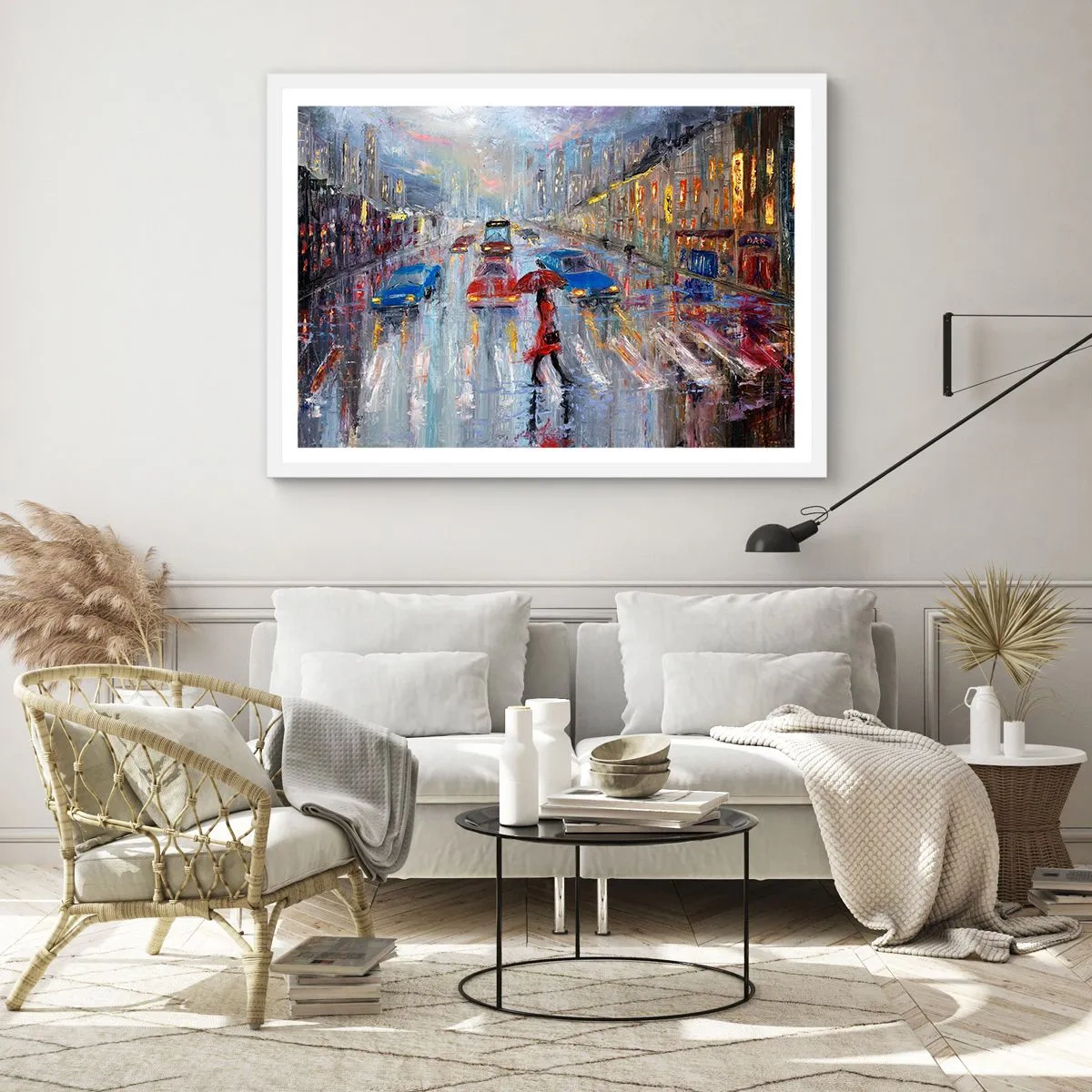 Poster in einem weißen Rahmen - Regnerischer Nachmittag in der Stadt - 100x70 cm
