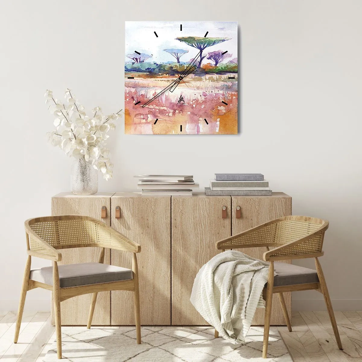 Wanduhr - Glasuhr - Eine malerische Savannenlandschaft in Aquarellfarben - 30x30cm - Savannah-Farben - Moderne Wanddekoration für Wohnzimmer und Schlafzimmer ARTTOR