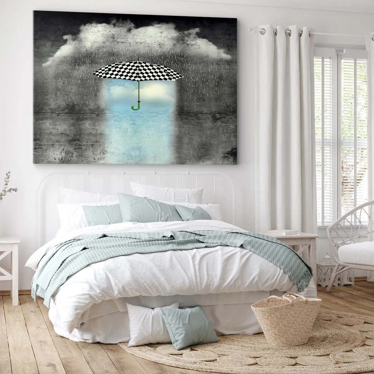 Bild auf Leinwand - Leinwandbild - Ein karierter Regenschirm über einer verregneten Landschaft - 100x70cm - Aber möglich - Moderne Wanddekoration für Wohnzimmer und Schlafzimmer ARTTOR