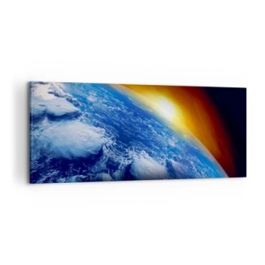 Bild auf Leinwand - Leinwandbild - Blick auf die Erde aus dem Weltraum bei Sonnenuntergang - 120x50cm - Sonnenaufgang über dem blauen Planeten - Moderne Wanddekoration für Wohnzimmer und Schlafzimmer ARTTOR