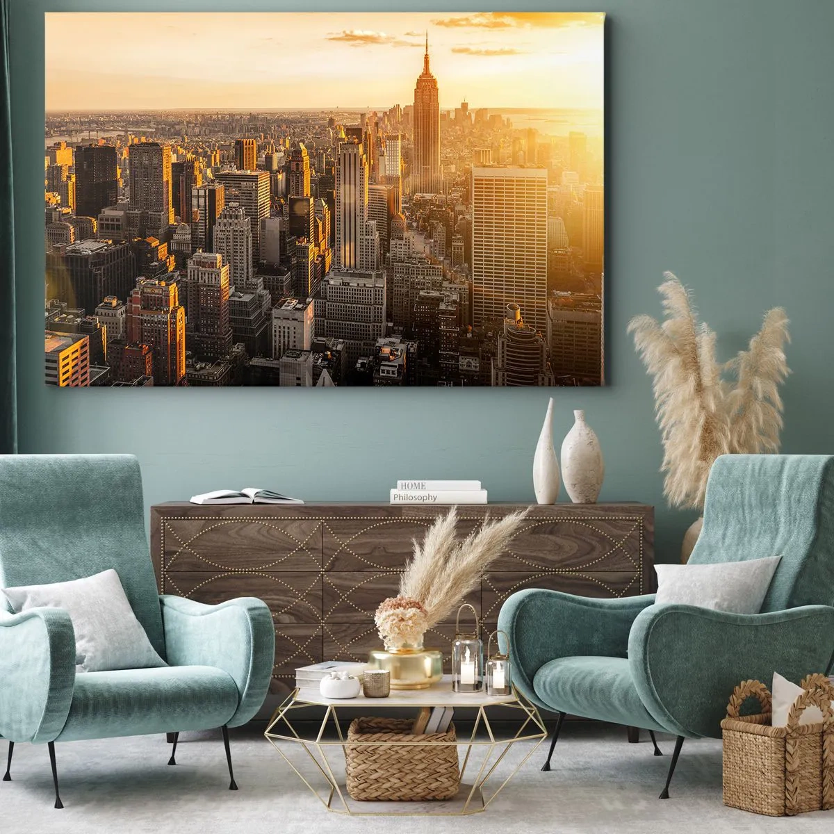 Bild auf Leinwand - Leinwandbild - Skyline von New York City bei Sonnenuntergang mit Blick auf das Empire State Building - 120x80cm - In der Sonne wachsen - Moderne Wanddekoration für Wohnzimmer und Schlafzimmer ARTTOR
