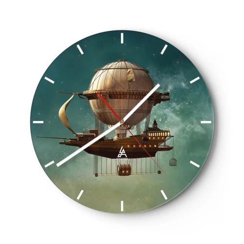 Wanduhr - Glasuhr - Ein fantastisches Retro-Luftschiff, das in den Wolken schwebt - 30x30cm - Jules Verne sagt Hallo - Moderne Wanddekoration für Wohnzimmer, Küche und Schlafzimmer ARTTOR