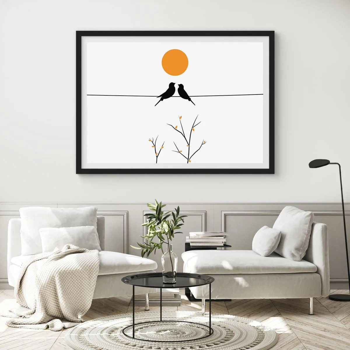 Poster in einem schwarzem Rahmen - Vögel auf einer Linie mit einer gelben Sonne - 70x50cm - Abend der Nachtigallen - Moderne Wanddekoration für Wohnzimmer und Schlafzimmer ARTTOR