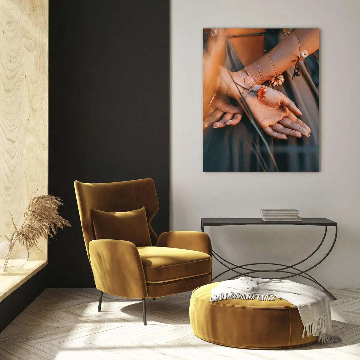 Glasbild - Bild auf glas - Sinnliche Hände mit Blumen in einer natürlichen Umgebung - 80x120cm - Verbunden mit der Natur - Moderne Wanddekoration für Wohnzimmer und Schlafzimmer ARTTOR