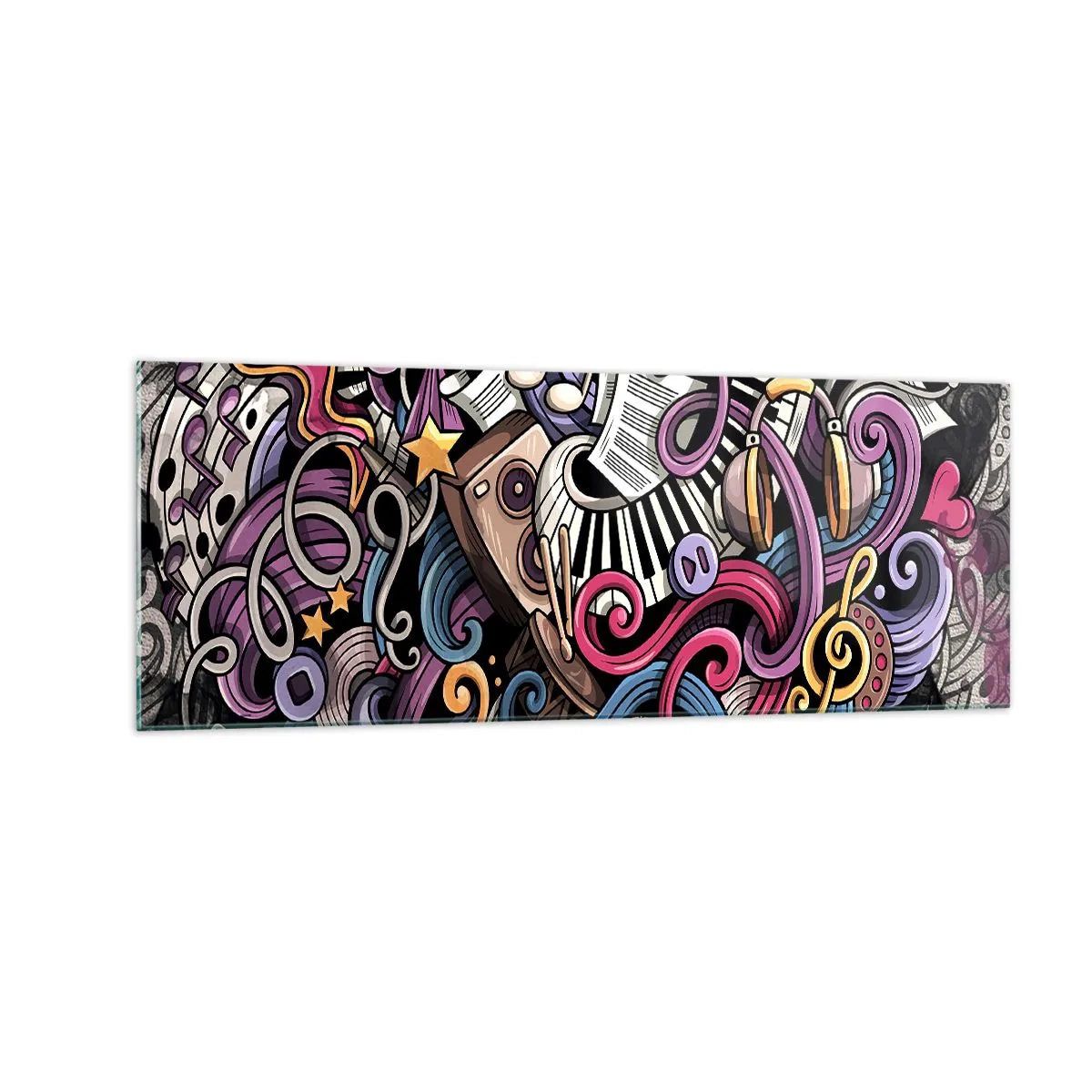 Glasbild - Bild auf glas - Eine musikalische Abstraktion voller farbenfroher Instrumente und Noten. - 140x50cm - Komplizierte Melodie - Moderne Wanddekoration für Wohnzimmer und Schlafzimmer ARTTOR