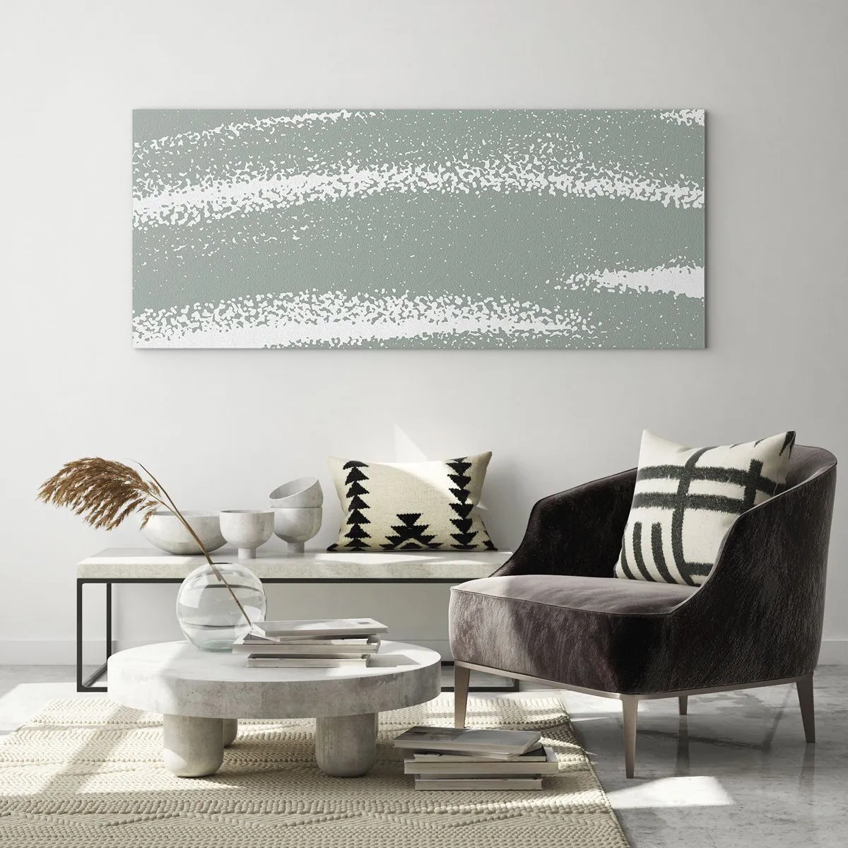 Glasbild - Bild auf glas - Winterwellen in Mint- und Weißtönen - 140x50cm - Abstraktion im Winterklima - Moderne Wanddekoration für Wohnzimmer und Schlafzimmer ARTTOR