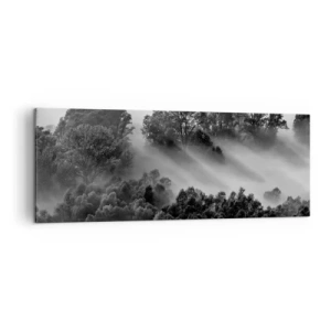 Bild auf Leinwand - Leinwandbild - Schwarz-weiße Waldlandschaft im Morgennebel - 140x50cm - Aufstehend aus dem Schlaf - Moderne Wanddekoration für Wohnzimmer und Schlafzimmer ARTTOR