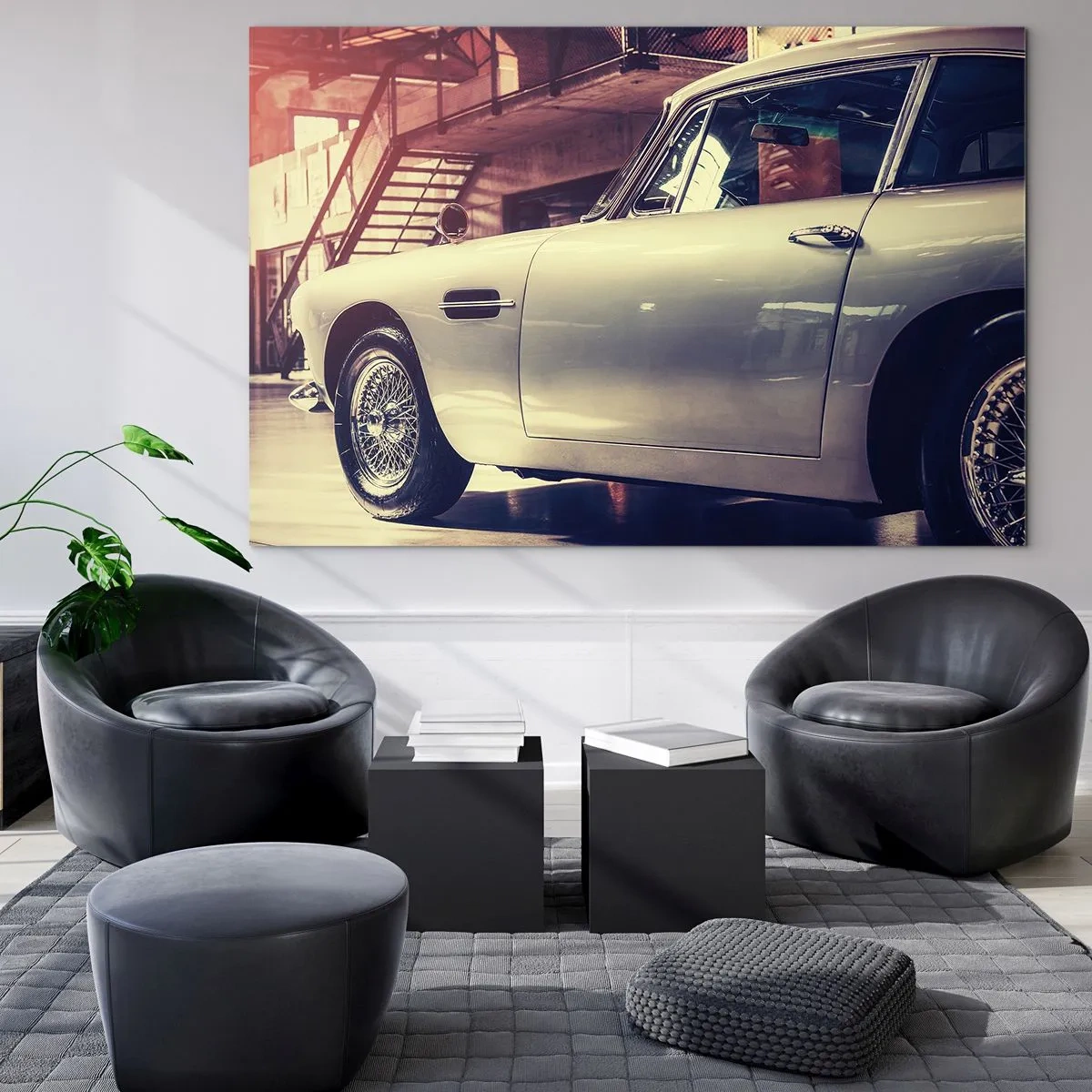 Glasbild - Bild auf glas - Ein Oldtimer im eleganten Garagen-Interieur - 70x50cm - Die Klassiker werden nicht alt - Moderne Wanddekoration für Wohnzimmer und Schlafzimmer ARTTOR