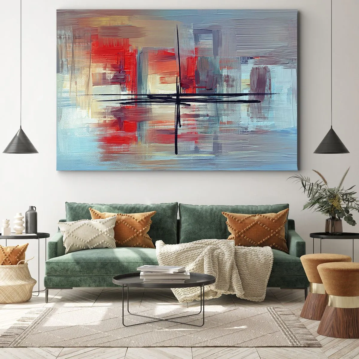 Bild auf Leinwand - Leinwandbild - Eine abstrakte Komposition mit intensiven Farben, Linien und geometrischen Formen. - 120x80cm - Landschaft in einer unbekannten Dimension - Moderne Wanddekoration für Wohnzimmer und Schlafzimmer ARTTOR