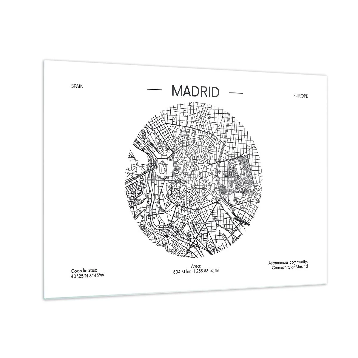 Glasbild - Bild auf glas - Eine minimalistische schwarz-weiße Karte von Madrid in kreisförmiger Form. - 70x50cm - Anatomie von Madrid - Moderne Wanddekoration für Wohnzimmer und Schlafzimmer ARTTOR
