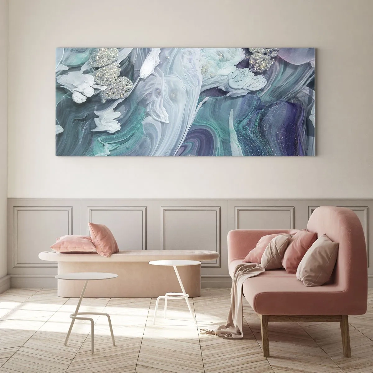 Glasbild - Bild auf glas - Abstrakte Wirbel in Blau- und Weißtönen - 160x50cm - Strömungen von Himmelblau - Moderne Wanddekoration für Wohnzimmer und Schlafzimmer ARTTOR