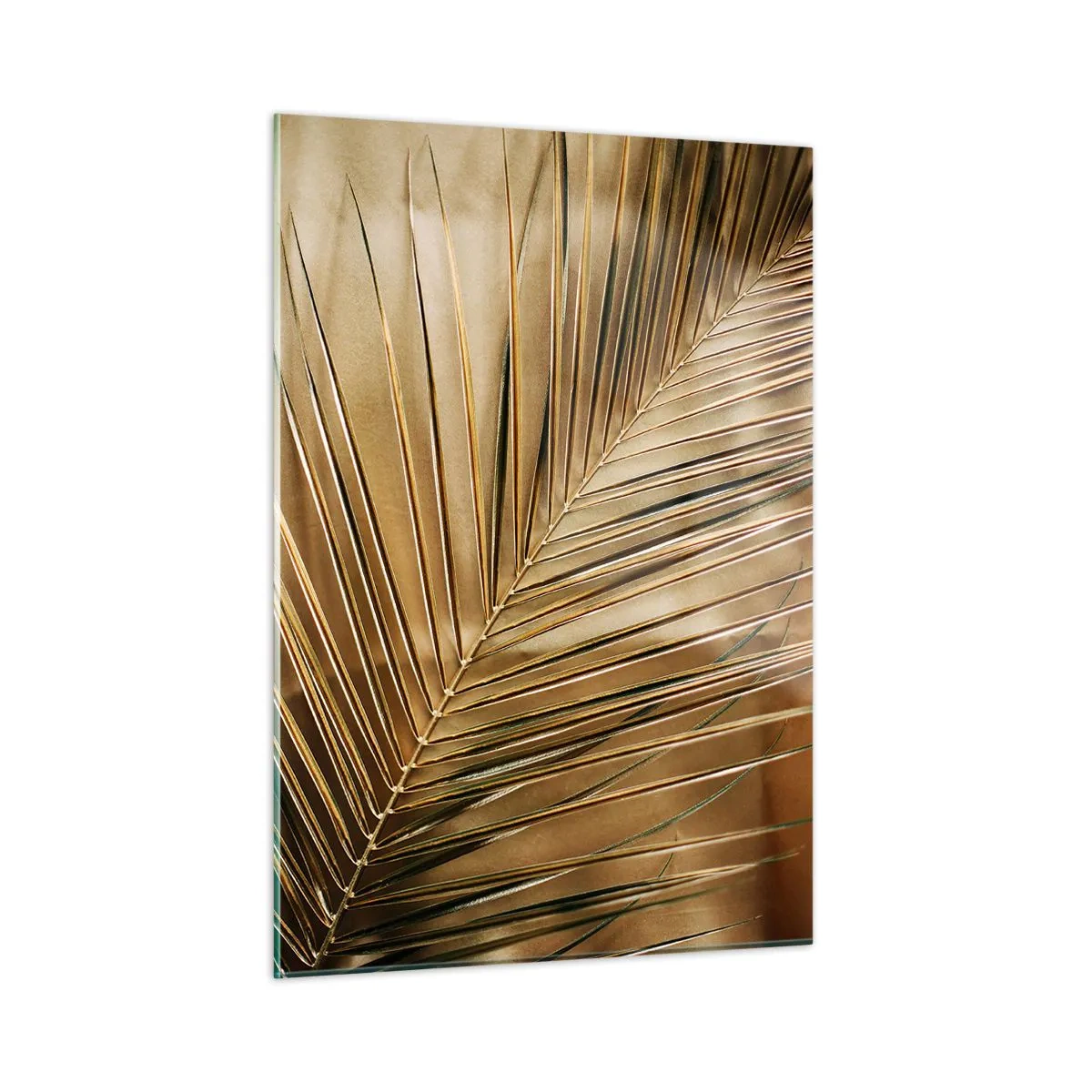 Glasbild - Bild auf glas - Nahaufnahme eines Palmblattes in goldbraunen Tönen - 50x70cm - Natürliche Kolonnade - Moderne Wanddekoration für Wohnzimmer und Schlafzimmer ARTTOR