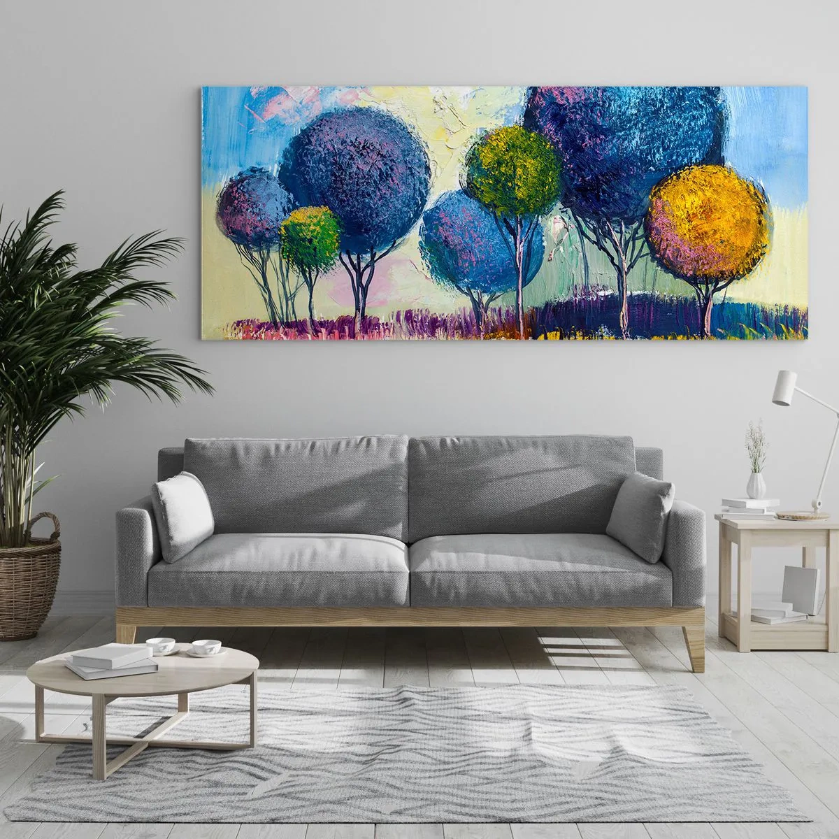 Glasbild - Bild auf glas - Bunte kugelförmige Bäume vor dem Hintergrund einer Landschaft - 120x50cm - Kugel - die Form des Ideals - Moderne Wanddekoration für Wohnzimmer und Schlafzimmer ARTTOR
