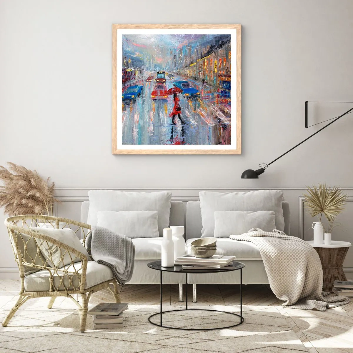 Poster in einem Rahmen aus heller Eiche - Regnerischer Nachmittag in der Stadt - 30x30 cm