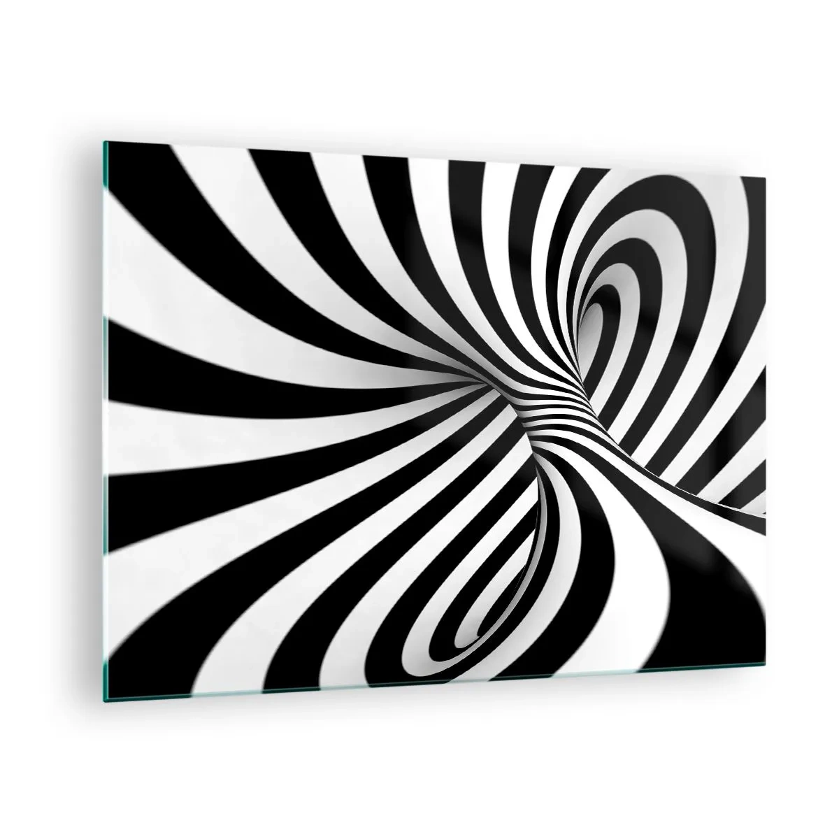 Glasbild - Bild auf glas - Eine schwarz-weiße Spirale, die einen dynamischen Raumeffekt erzeugt. - 70x50cm - Komposition: Tanzraum - Moderne Wanddekoration für Wohnzimmer und Schlafzimmer ARTTOR