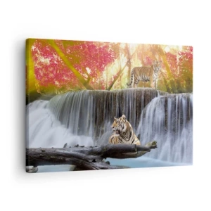 Bild auf Leinwand - Leinwandbild - Tiger an einem Wasserfall im Herbstwald - 70x50cm - Surreale Landschaft - Moderne Wanddekoration für Wohnzimmer und Schlafzimmer ARTTOR
