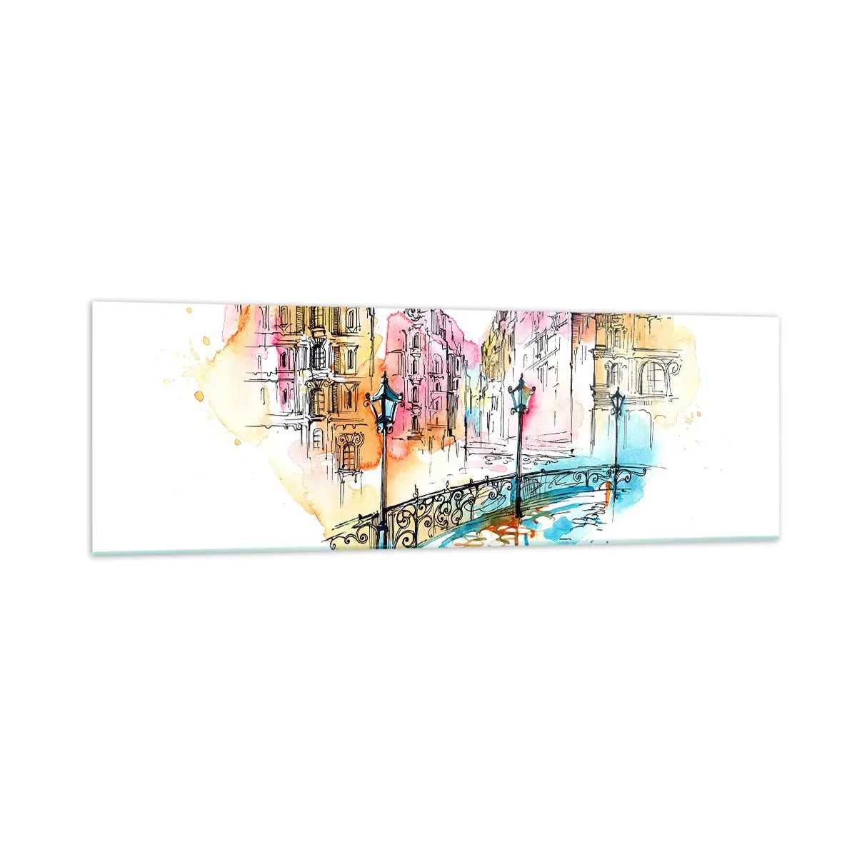 Glasbild - Bild auf glas - Aquarell einer Brücke und herzförmigen Mietshäusern - 160x50cm - Das Herz der Stadt - Moderne Wanddekoration für Wohnzimmer und Schlafzimmer ARTTOR