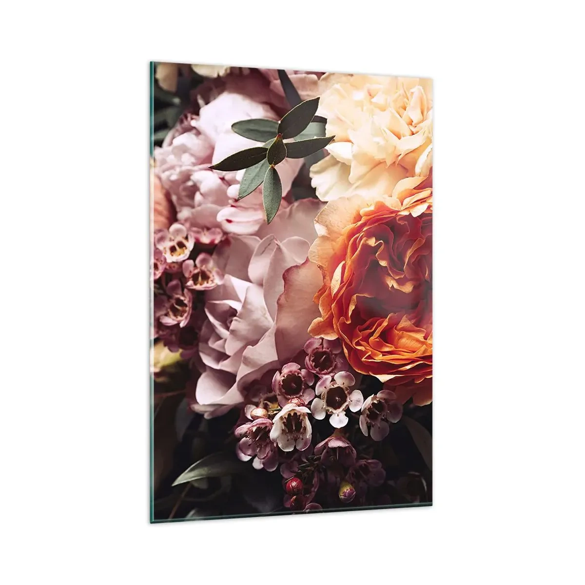 Glasbild - Bild auf glas - Eine Nahaufnahme einer farbenfrohen Blumenkomposition - 80x120cm - Eingehüllt in Schönheit - Moderne Wanddekoration für Wohnzimmer und Schlafzimmer ARTTOR