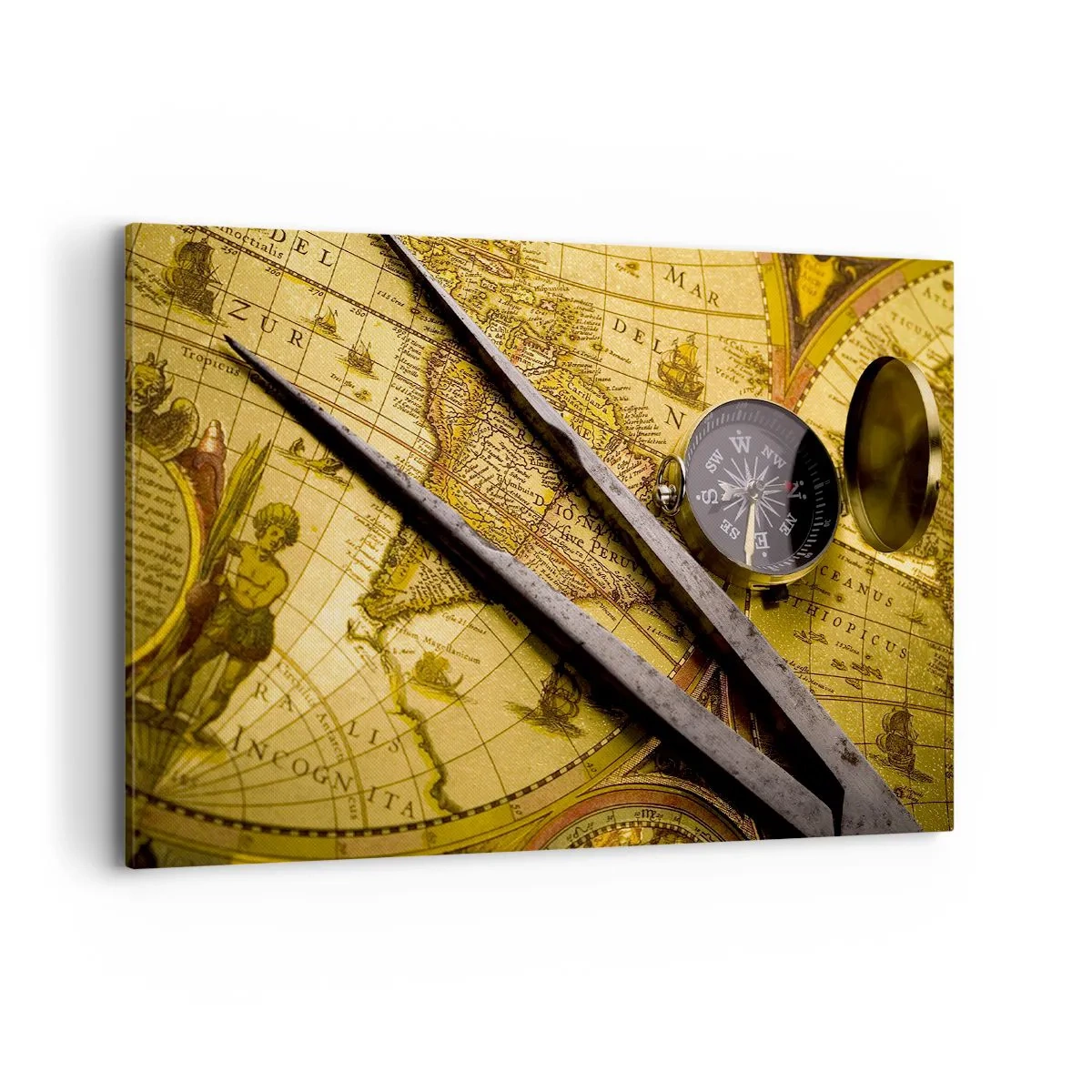 Bild auf Leinwand - Leinwandbild - Eine antike Weltkarte mit einem Kompass und einem Zirkel im Hintergrund - 100x70cm - Wo sind diese Schätze? - Moderne Wanddekoration für Wohnzimmer und Schlafzimmer ARTTOR