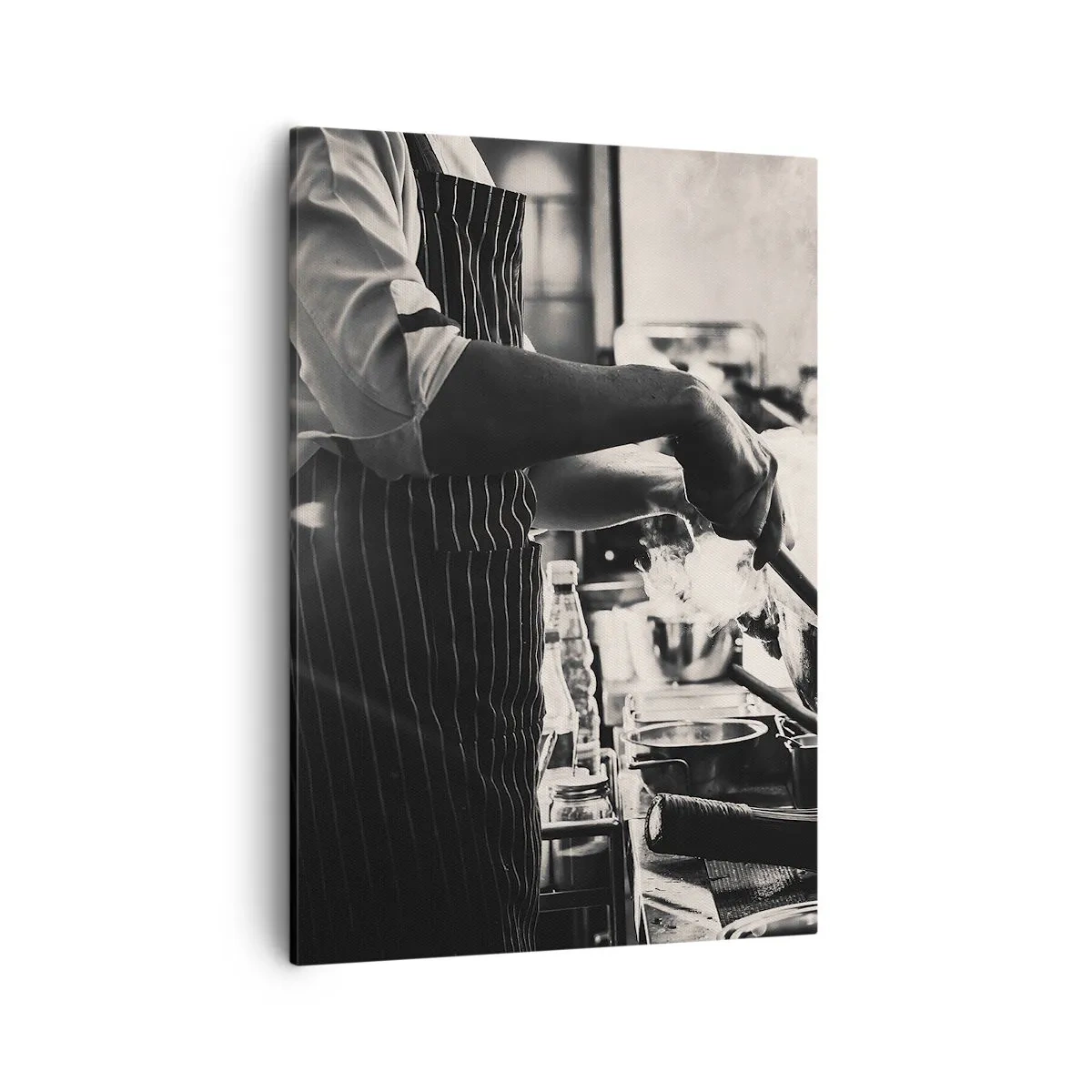 Bild auf Leinwand - Leinwandbild - Ein Koch bei der Arbeit in der Küche, aus einer Bratpfanne steigt Dampf auf - 50x70cm - Alchemie der Aromen - Moderne Wanddekoration für Wohnzimmer und Schlafzimmer ARTTOR