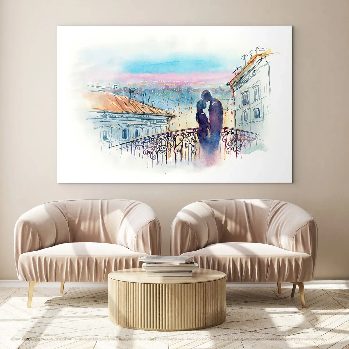 Glasbild - Bild auf glas - Paar auf dem Balkon genießt romantischen Sonnenuntergang - 100x70cm - Paris-Liebhaber - Moderne Wanddekoration für Wohnzimmer und Schlafzimmer ARTTOR
