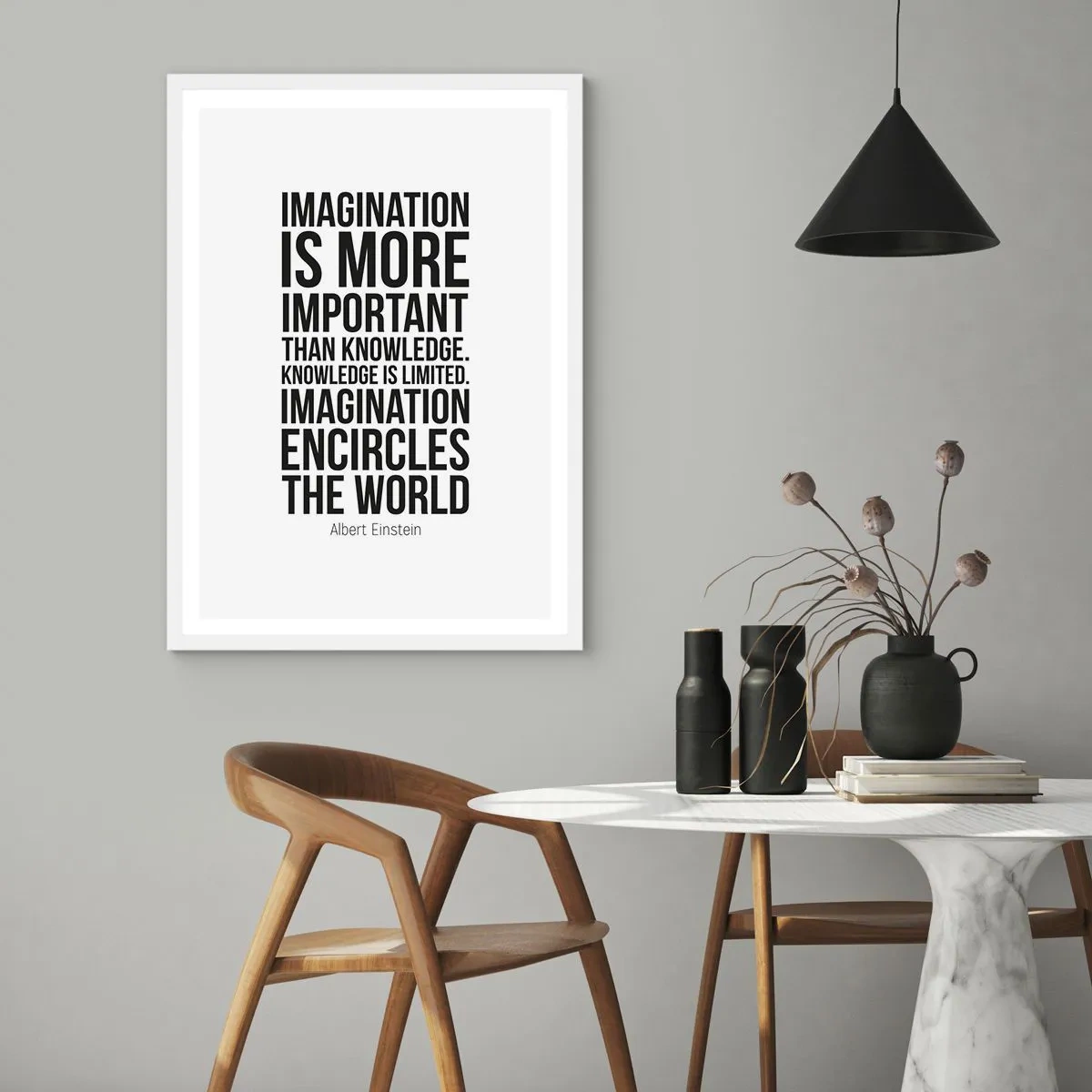 Poster in einem weißen Rahmen - Einstein über die Kraft der Vorstellungskraft - 70x100 cm