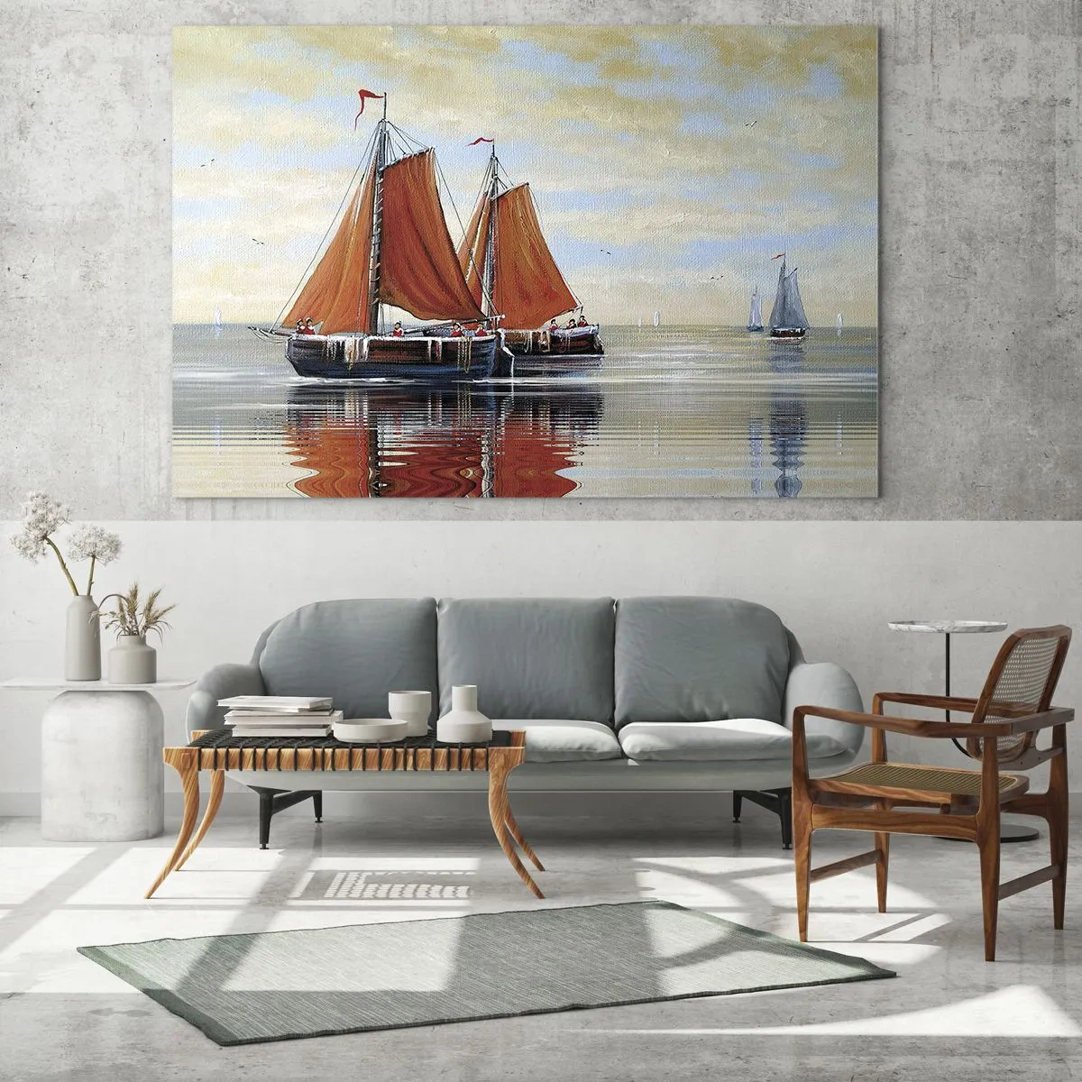 Glasbild - Bild auf glas - Segelschiffe auf ruhiger See bei Sonnenuntergang - 70x50cm - Hey, Segel, Matrose ... - Moderne Wanddekoration für Wohnzimmer und Schlafzimmer ARTTOR