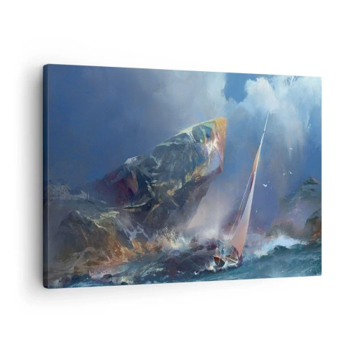 Bild auf Leinwand - Leinwandbild - Ein Segelboot im Sturm am Fuße eines massiven Felsens - 70x50cm - Wer den Mut hat, gewinnt - Moderne Wanddekoration für Wohnzimmer und Schlafzimmer ARTTOR