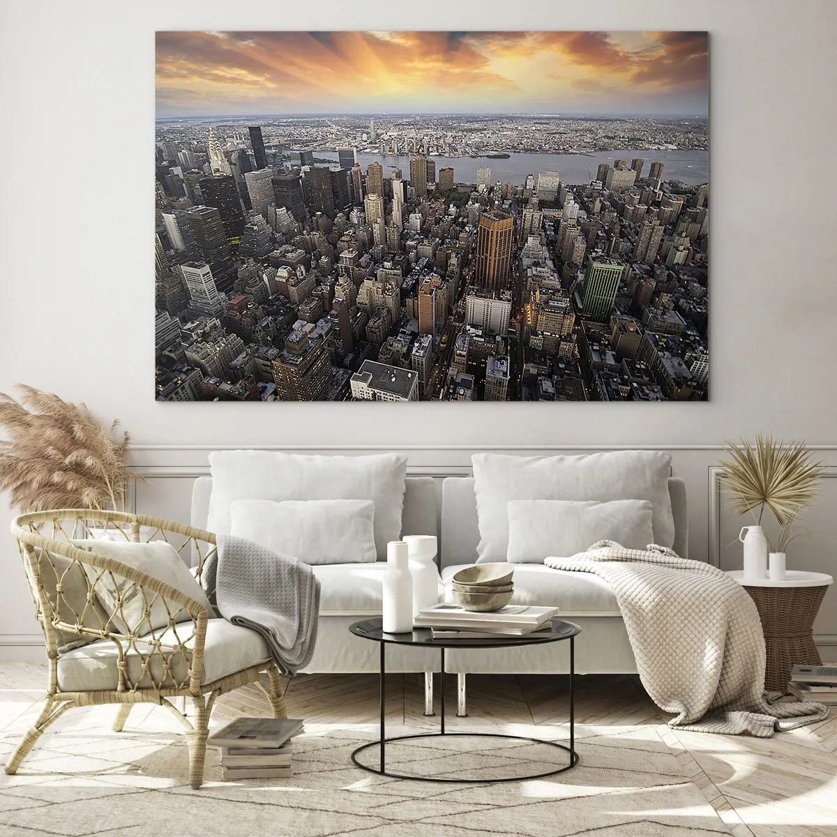 Glasbild - Bild auf glas - Stadtpanorama mit Blick auf Wolkenkratzer bei Sonnenuntergang - 120x80cm - Das schlagende Herz unserer Zeit - Moderne Wanddekoration für Wohnzimmer und Schlafzimmer ARTTOR