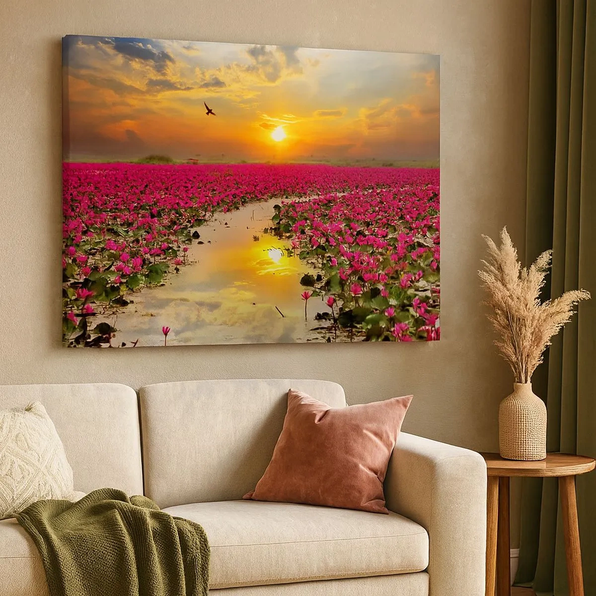 Bild auf Leinwand - Leinwandbild - Ein Feld mit rosa Seerosen bei Sonnenuntergang - 70x50cm - Das geheime Leben des Sees - Moderne Wanddekoration für Wohnzimmer und Schlafzimmer ARTTOR