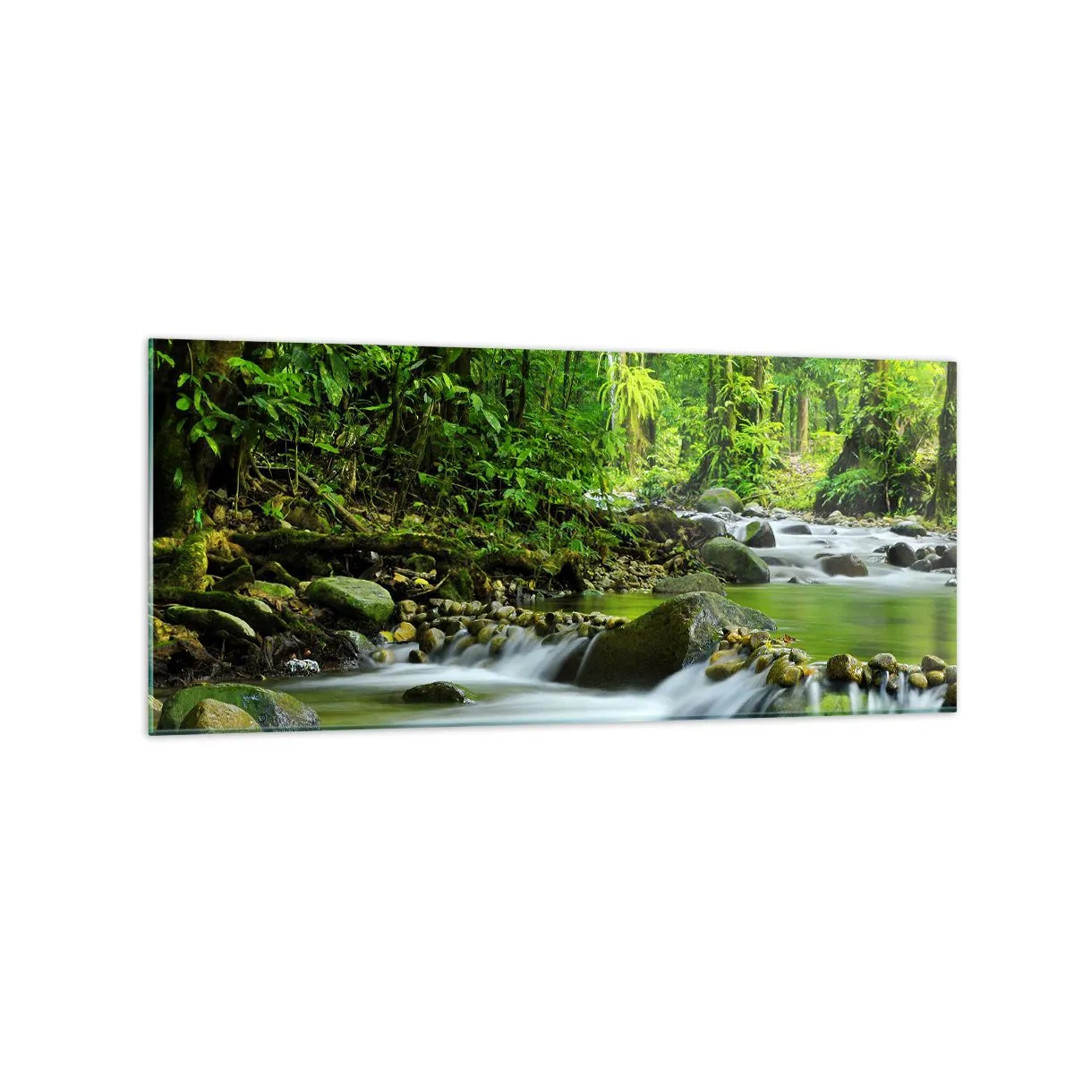 Glasbild - Bild auf glas - Ein Bach in einem üppigen tropischen Wald - 120x50cm - Schwimmen Sie in einem Meer aus Grün - Moderne Wanddekoration für Wohnzimmer und Schlafzimmer ARTTOR