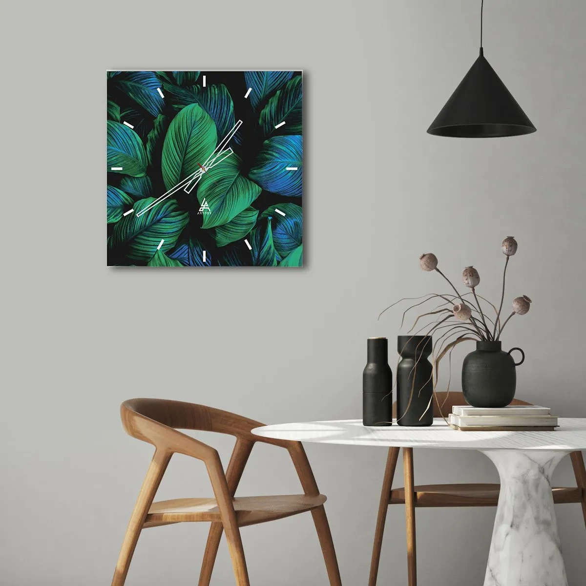 Wanduhr - Glasuhr - Grüne Blätter im minimalistischen Stil - 30x30cm - In der grünen Menge - Moderne Wanddekoration für Wohnzimmer und Schlafzimmer ARTTOR
