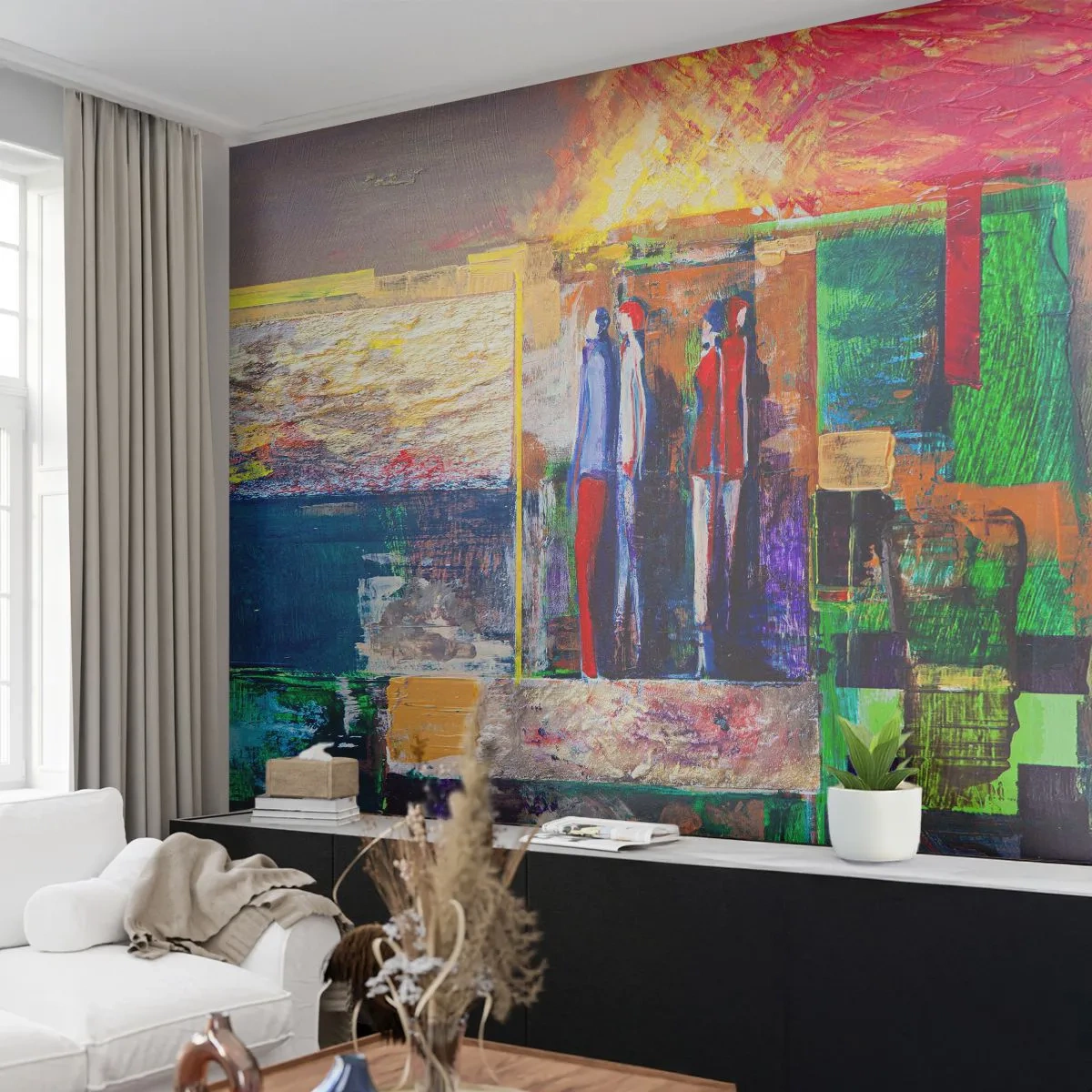 Fototapete Premium Sand - Abstrakte Szene mit Menschensilhouetten und Farben - 100x70cm - Beziehungen und Emotionen - Moderne Wanddekoration für Wohnzimmer und Schlafzimmer ARTTOR