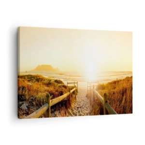 Bild auf Leinwand - Leinwandbild - Weg zum Strand bei goldenem Sonnenuntergang - 70x50cm - Über die Düne, der Sonne entgegen - Moderne Wanddekoration für Wohnzimmer und Schlafzimmer ARTTOR