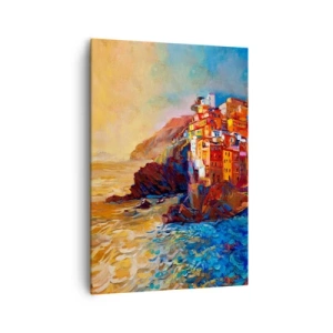 Bild auf Leinwand - Leinwandbild - Bunte Häuser auf einer Klippe über dem Meer - 70x100cm - Italienische Atmosphäre - Moderne Wanddekoration für Wohnzimmer und Schlafzimmer ARTTOR