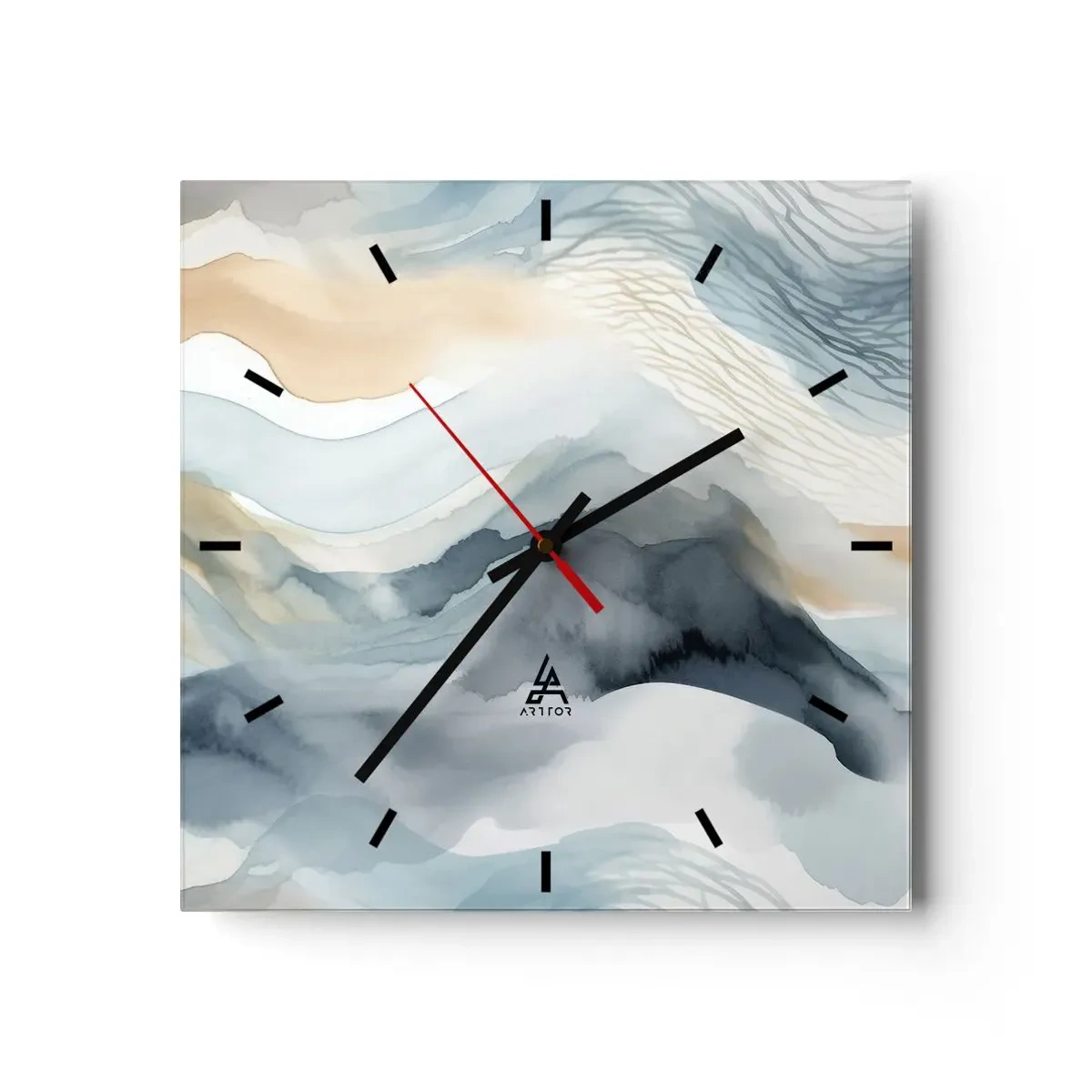 Wanduhr - Glasuhr - Eine zarte Abstraktion mit Bergmotiv in Pastelltönen. - 30x30cm - Verschneite und neblige Abstraktion - Moderne Wanddekoration für Wohnzimmer und Schlafzimmer ARTTOR