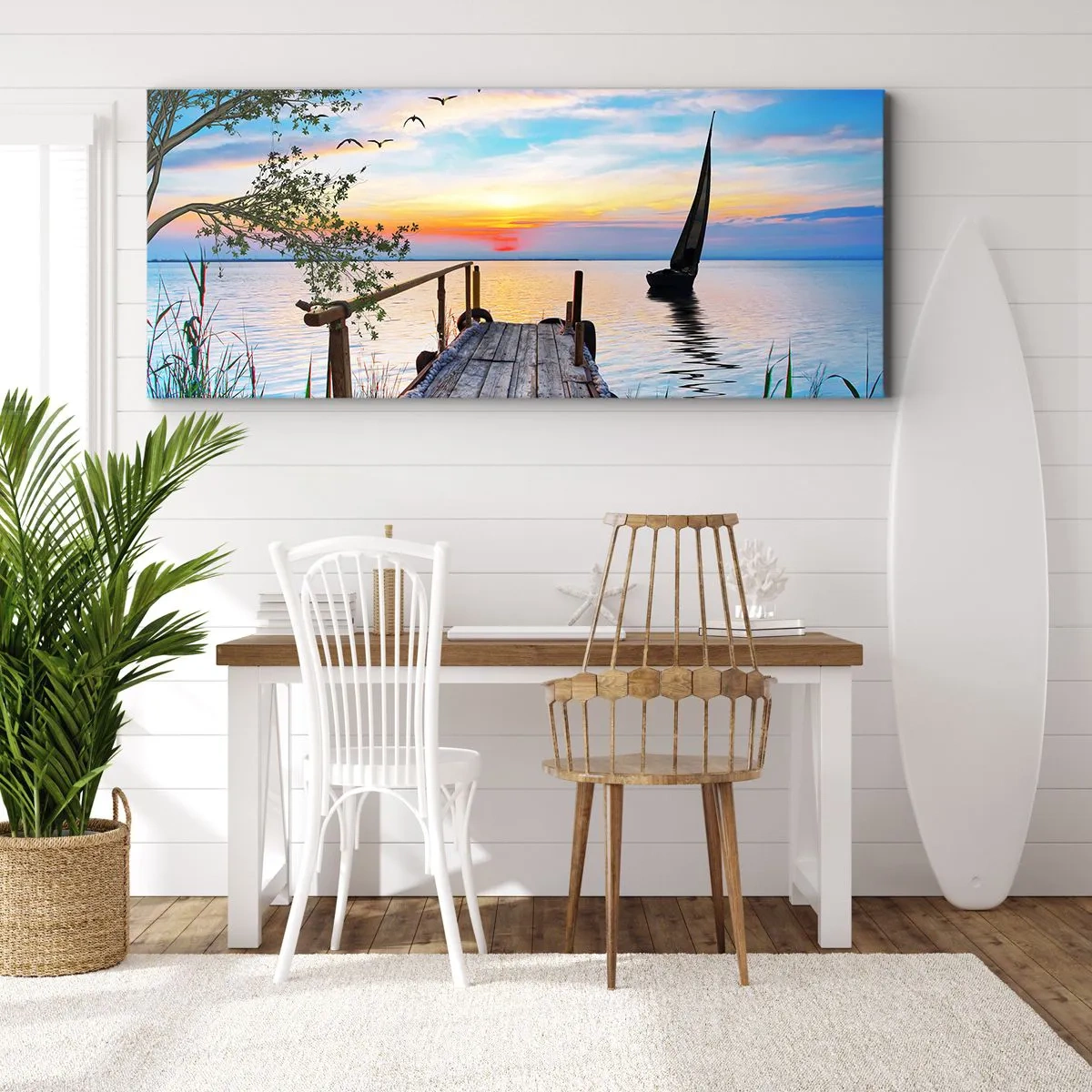 Bild auf Leinwand - Leinwandbild - Seepier mit Boot und Sonnenuntergang - 160x50cm - Guten Abend - Moderne Wanddekoration für Wohnzimmer und Schlafzimmer ARTTOR
