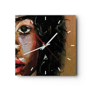 Wanduhr - Glasuhr - Ein ausdrucksstarkes Frauenporträt in intensiven Farben. - 30x30cm - Schwarz und Glanz - Moderne Wanddekoration für Wohnzimmer und Schlafzimmer ARTTOR