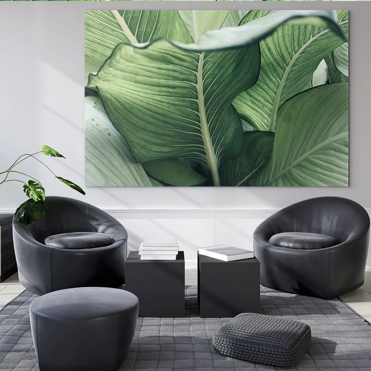 Glasbild - Bild auf glas - Üppige grüne Blätter in Nahaufnahme und natürlichem Licht - 100x70cm - Intensiv grünes Leben - Moderne Wanddekoration für Wohnzimmer und Schlafzimmer ARTTOR