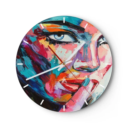 Wanduhr - Glasuhr - Porträt einer Frau im abstrakten Stil mit lebendigen Farben - 30x30cm - Unser erstes Geheimnis - Moderne Wanddekoration für Wohnzimmer, Küche und Schlafzimmer ARTTOR