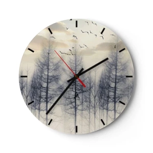 Wanduhr - Glasuhr - Eine neblige Landschaft mit Bäumen und fliegenden Vögeln - 30x30cm - Waldgeister - Moderne Wanddekoration für Wohnzimmer, Küche und Schlafzimmer ARTTOR