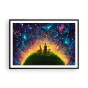 Poster in einem schwarzem Rahmen - Figuren auf einem grünen Hügel, umgeben von einem Sternenhimmel - 100x70cm - Liebe und Freundschaft - die ganze Welt - Moderne Wanddekoration für Wohnzimmer und Schlafzimmer ARTTOR