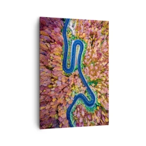 Bild auf Leinwand - Leinwandbild - Eine kurvenreiche Straße in einem herbstlichen Wald aus der Vogelperspektive gesehen - 70x100cm - Kurvenreicher Weg durch den Wald - Moderne Wanddekoration für Wohnzimmer und Schlafzimmer ARTTOR