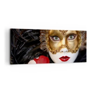 Bild auf Leinwand - Leinwandbild - Goldene venezianische Maske mit Federn und einer roten Rose, geheimnisvolles Motiv. - 120x50cm - Denn das Leben ist ein großer Ball - Moderne Wanddekoration für Wohnzimmer und Schlafzimmer ARTTOR