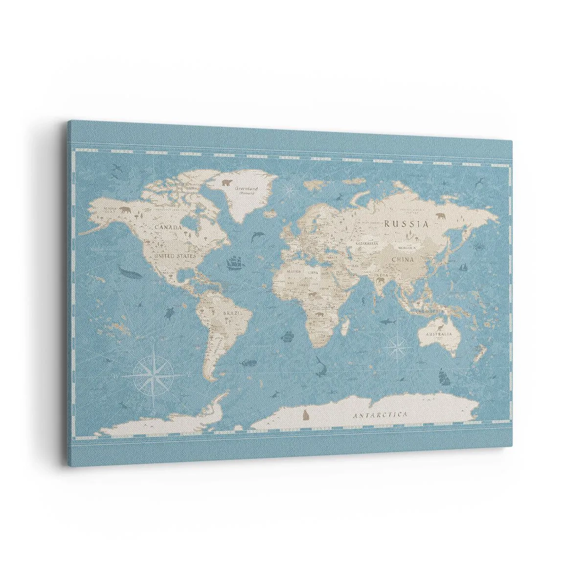 Bild auf Leinwand - Leinwandbild - Dekorative Weltkarte in Blau- und Beigetönen - 100x70cm - Die Welt liegt zum Greifen nah - Moderne Wanddekoration für Wohnzimmer und Schlafzimmer ARTTOR