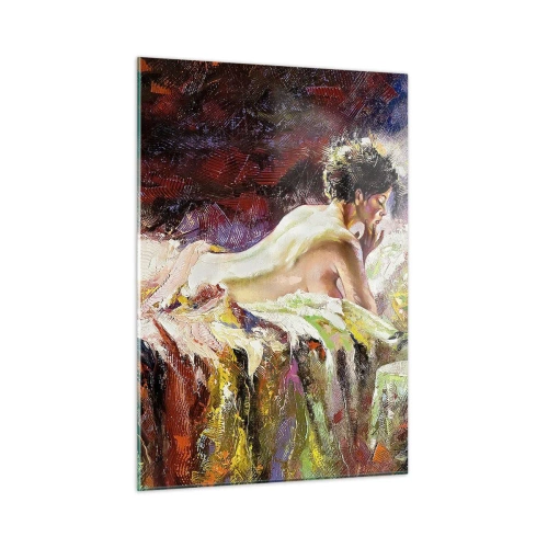 Glasbild - Bild auf glas - Impressionistischer weiblicher Akt auf buntem Stoff - 50x70cm - Venus in Gedanken - Moderne Wanddekoration für Wohnzimmer und Schlafzimmer ARTTOR