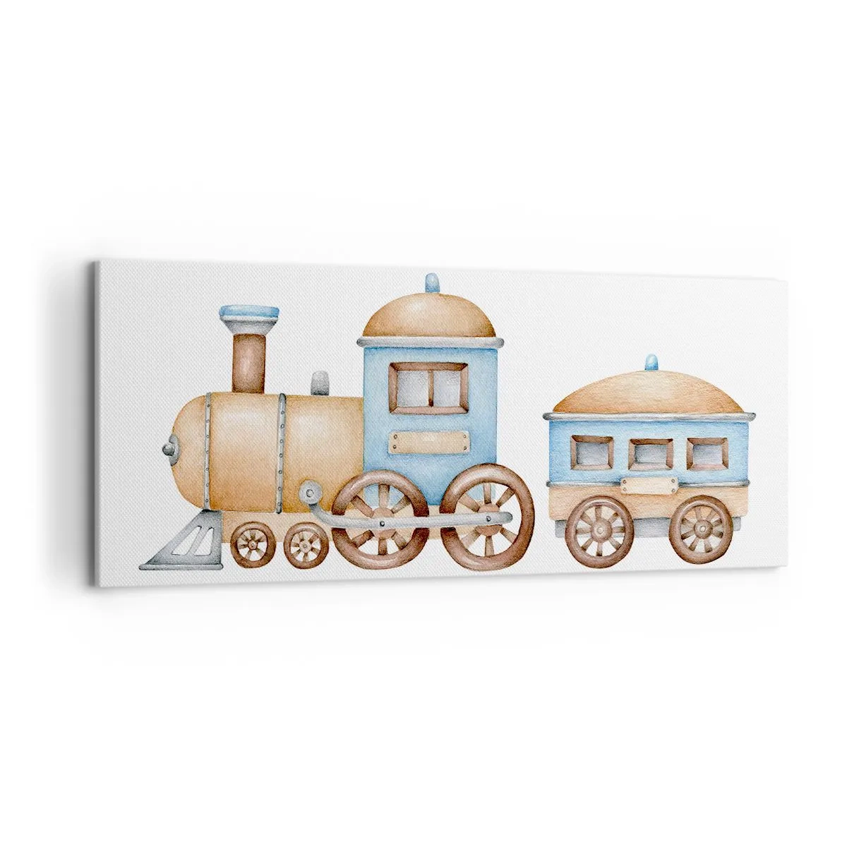Bild auf Leinwand - Leinwandbild - Zeichnung eines Zuges in Pastelltönen auf weißem Hintergrund - 120x50cm - Am Bahnhof steht ... - Moderne Wanddekoration für Wohnzimmer und Schlafzimmer ARTTOR